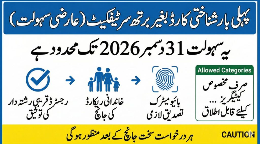 پہلی بار شناختی کارڈ بغیر برتھ سرٹیفکیٹ کی عارضی سہولت 2026 تک