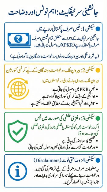 Infographic outlining important notices and disclaimers for a NADRA succession certificate, including PKR billing, fee conversion for overseas applicants, office mistake correction policy, and reliance on official information sources