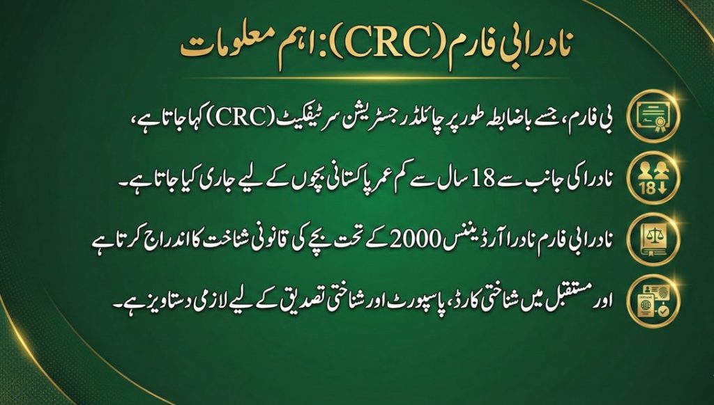 نادرا بی فارم (CRC) کی اہم معلومات، بچوں کی قانونی شناخت، نادرا آرڈیننس 2000، 18 سال سے کم عمر کے لیے اجرا، اور پاسپورٹ و شناختی کارڈ کے استعمال کی وضاحت