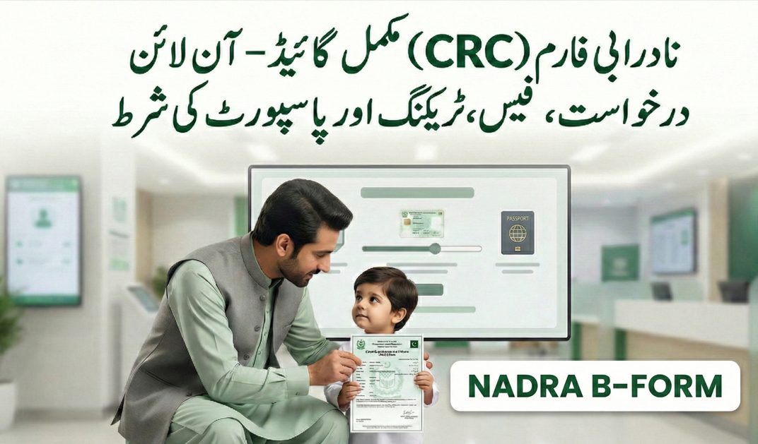 NADRA B-Form (CRC) complete guide showing online application, fees, tracking process, and child passport requirement in Pakistan