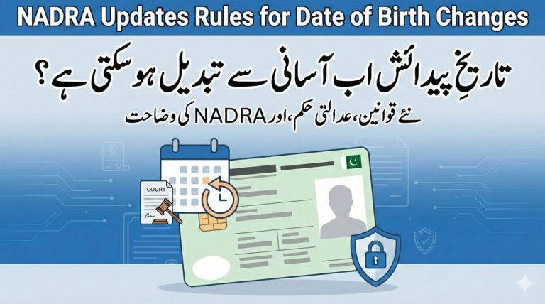 Featured image explaining NADRA’s updated rules for date of birth correction on CNIC and related identity documents in Pakistan, showing calendar and legal compliance visuals with Urdu and English titles