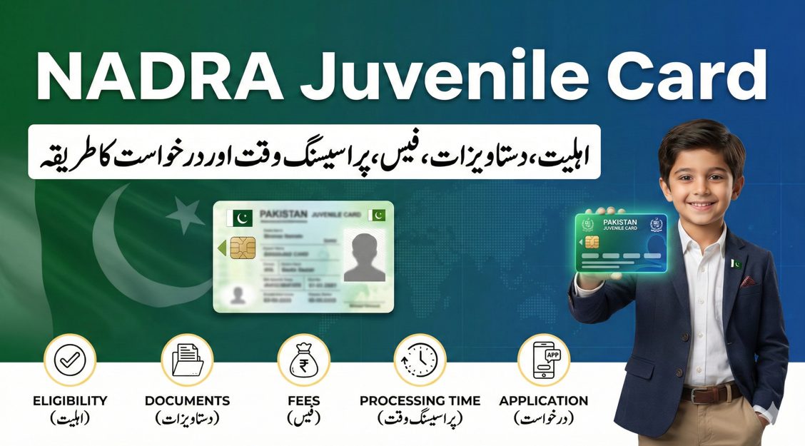 Featured image explaining NADRA Juvenile Card in Pakistan, showing eligibility, required documents, fees, processing time, and application method with a Pakistani child holding a juvenile card