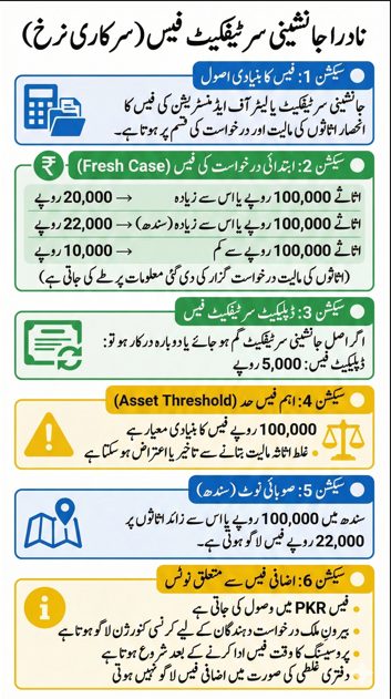Infographic showing official NADRA succession certificate fees, including fresh application charges based on asset value, Sindh-specific rates, duplicate certificate fees, asset threshold rules, and payment conditions
