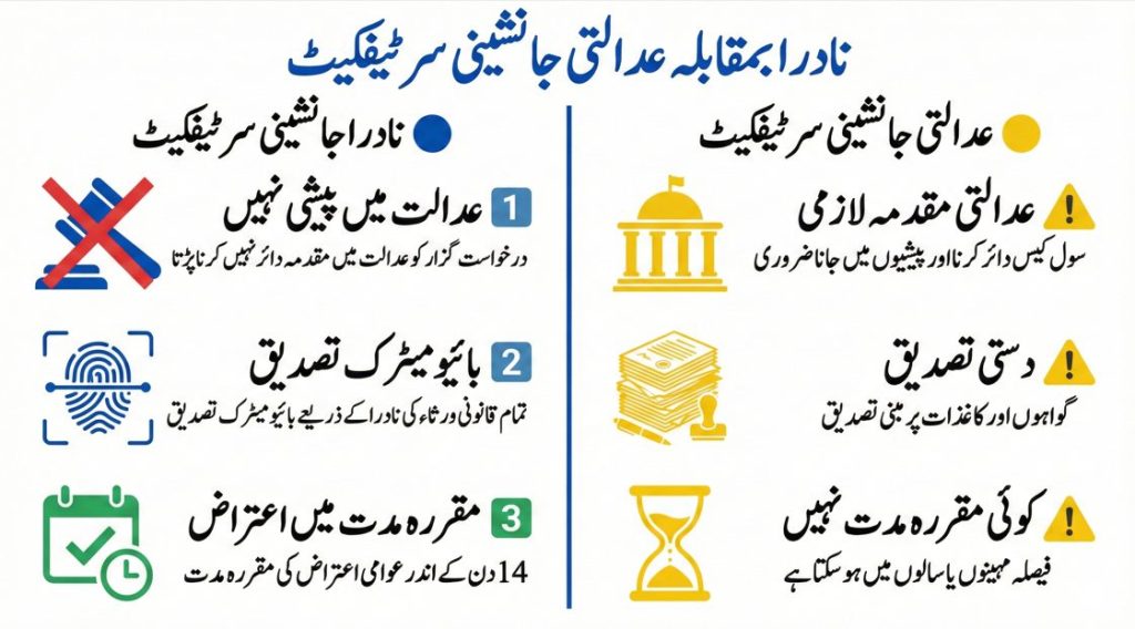 Comparison infographic showing differences between NADRA-issued and court-issued succession certificates, including court involvement, biometric verification, objection timelines, and processing duration
