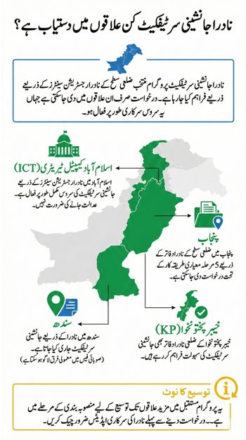 Infographic showing the regions in Pakistan where the NADRA succession certificate program is available, including Islamabad Capital Territory, Punjab, Sindh, and Khyber Pakhtunkhwa, with an expansion notice