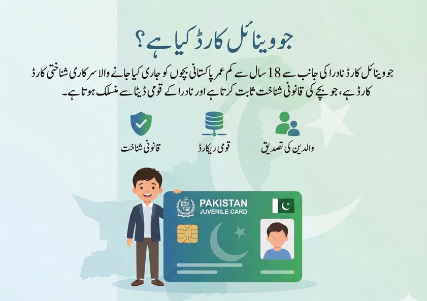 Urdu infographic explaining what a NADRA Juvenile Card is, showing it as an official identity document for Pakistani children under 18 with legal identification, parental verification, and national record linkage
