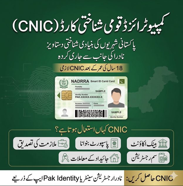 Urdu infographic explaining Computerized National Identity Card CNIC in Pakistan