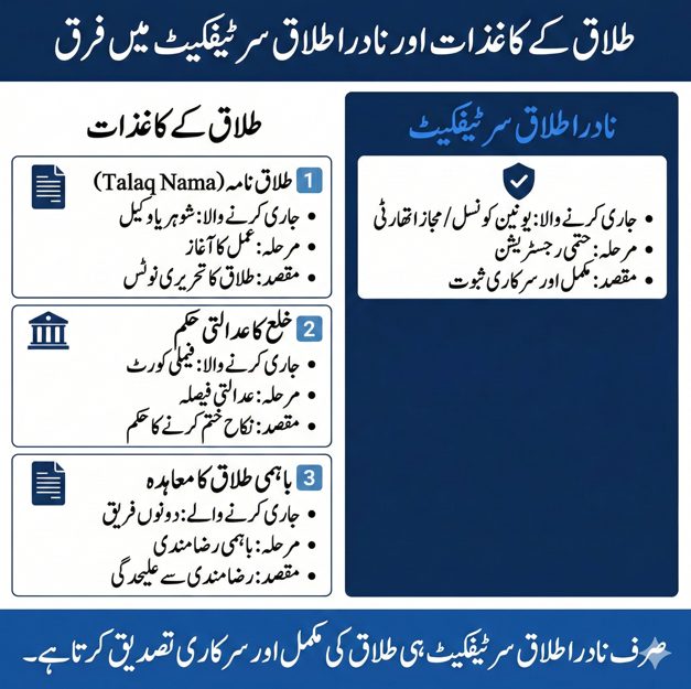 Urdu comparison infographic showing the difference between divorce papers and NADRA divorce certificate in Pakistan