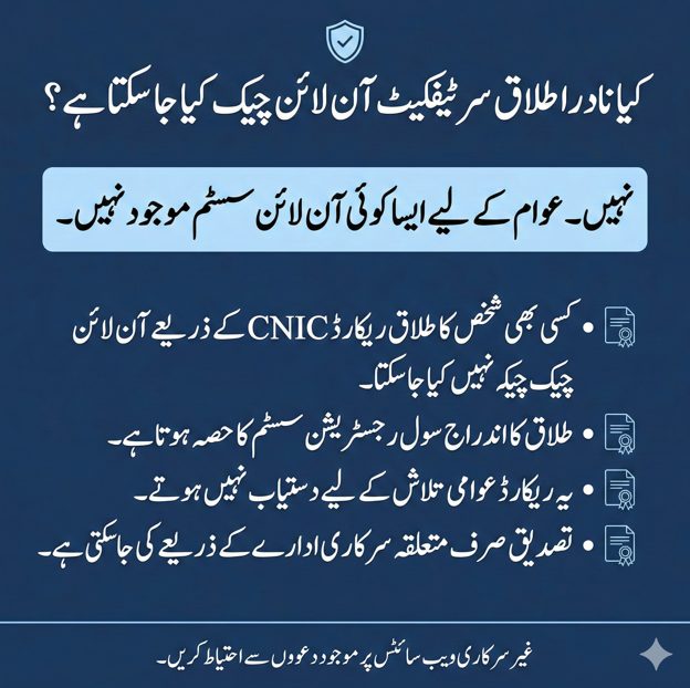 Urdu graphic explaining that NADRA divorce certificates cannot be checked online using CNIC in Pakistan