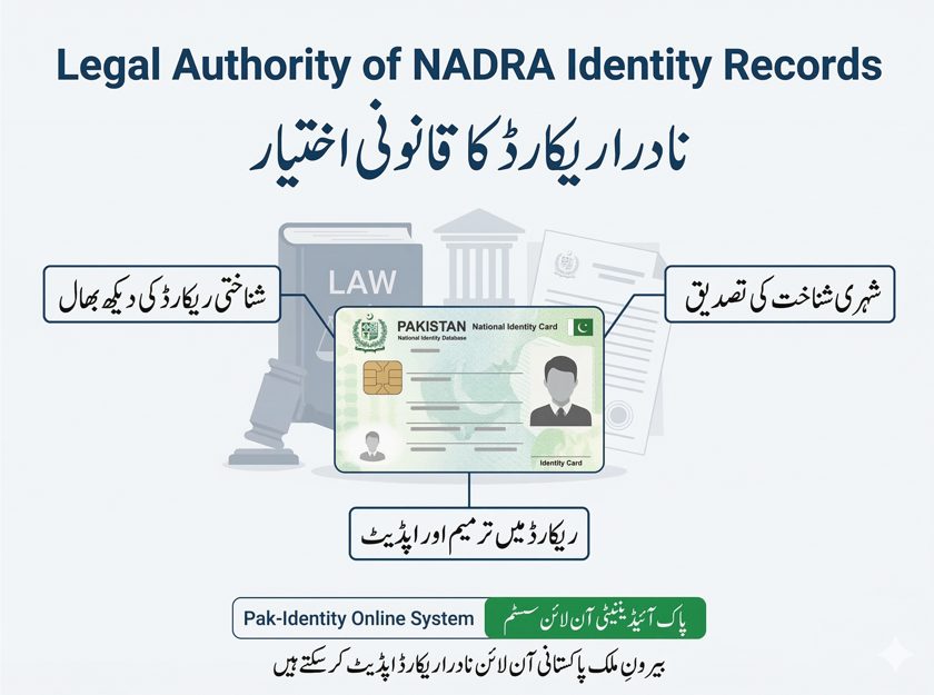 Urdu infographic explaining legal authority of NADRA identity records under NADRA Ordinance 2000