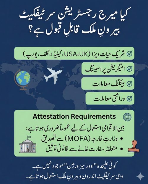 Urdu infographic explaining international recognition and attestation requirements of NADRA Marriage Registration Certificate