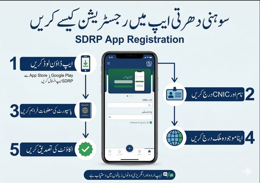 Urdu infographic showing steps to register for the Sohni Dharti Remittance Program mobile app