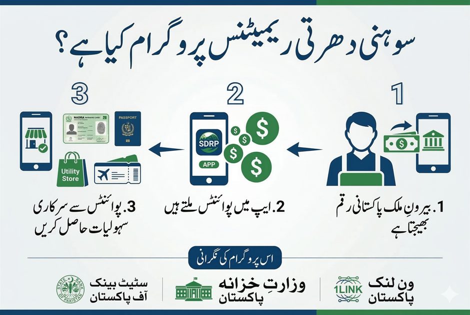 Urdu infographic explaining how the Sohni Dharti Remittance Program (SDRP) works for overseas Pakistanis