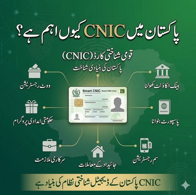 Urdu infographic showing why CNIC is important in Pakistan for banking passport SIM registration and government services