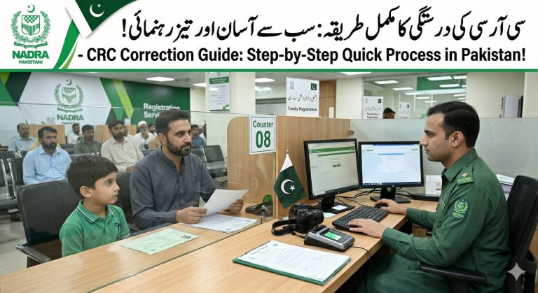 A photograph of a woman and child at a NADRA registration counter (Counter 08) in a Pakistan office. A male NADRA staff member is assisting them with paperwork, operating a computer, and a biometric device is visible. The top banner prominently displays the text: "- CRC Correction Guide: Step-by-Step Quick Process in Pakistan!" alongside the Urdu equivalent translating to the complete method for CRC correction. The image visualizes the official process for fixing mistakes in a Child Registration Certificate.