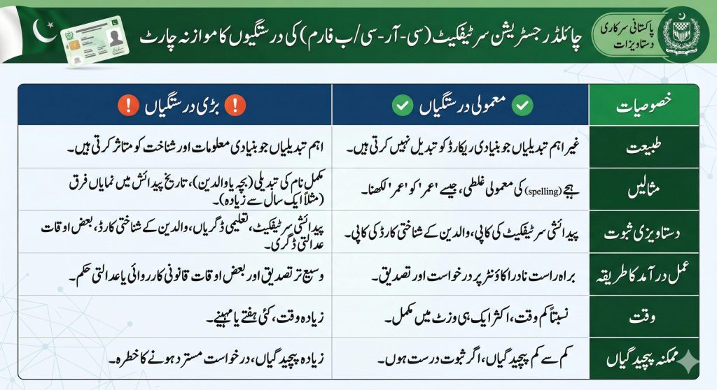 A detailed Urdu infographic comparison chart titled "Comparison Chart for Correction of Child Registration Certificate (CRC/B-Form)" from NADRA Pakistan. The chart features a green "Features" column and compares "Minor Corrections" (marked with green checkmarks) and "Major Corrections" (marked with red exclamation points) across several categories: Nature, Examples (spelling, name, date changes), Documentary Proof (IDs, certificates, degrees, court orders), Implementation Process (direct counter vs. standard procedure), Time (immediate vs. long), and Possible Complications (low vs. high, including risk of application rejection). The top of the image includes the Pakistan flag, two sample smart identity cards, and official government document seals.
