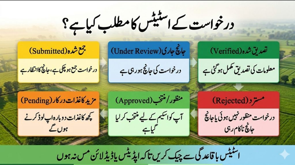 Urdu image explaining application status meanings for Apna Khet Apna Rozgar portal including submitted under review verified approved and rejected.