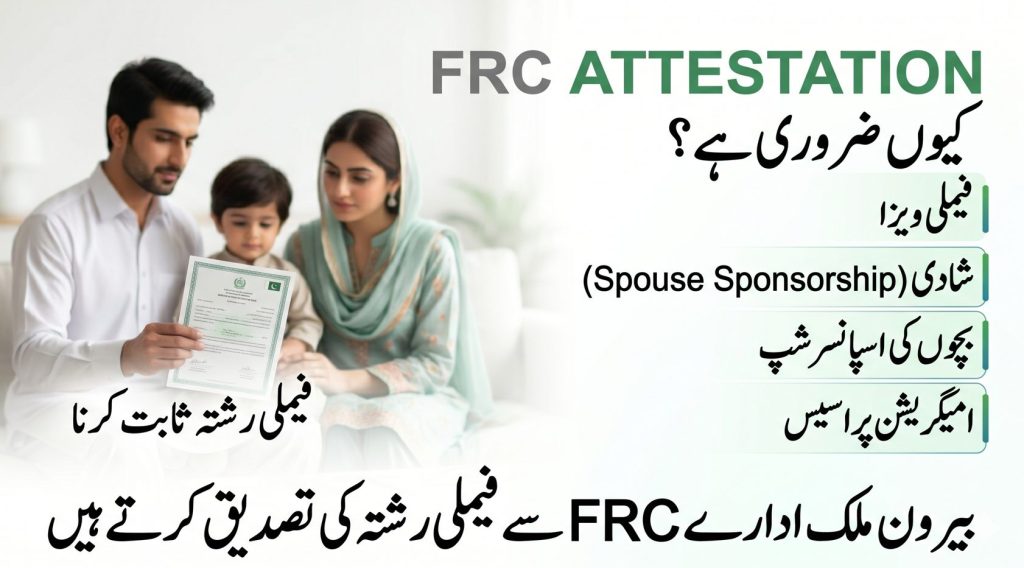 Urdu image explaining why FRC attestation is required in Pakistan for family visa immigration and relationship verification abroad.
