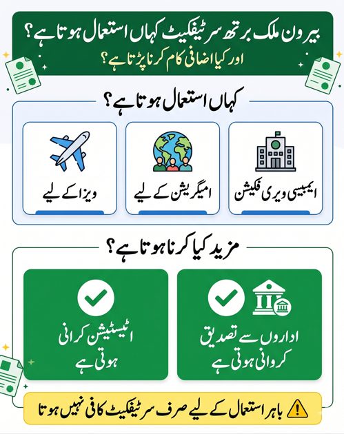 Urdu infographic showing birth certificate use for visa immigration and embassy verification with attestation and verification requirements for overseas use.