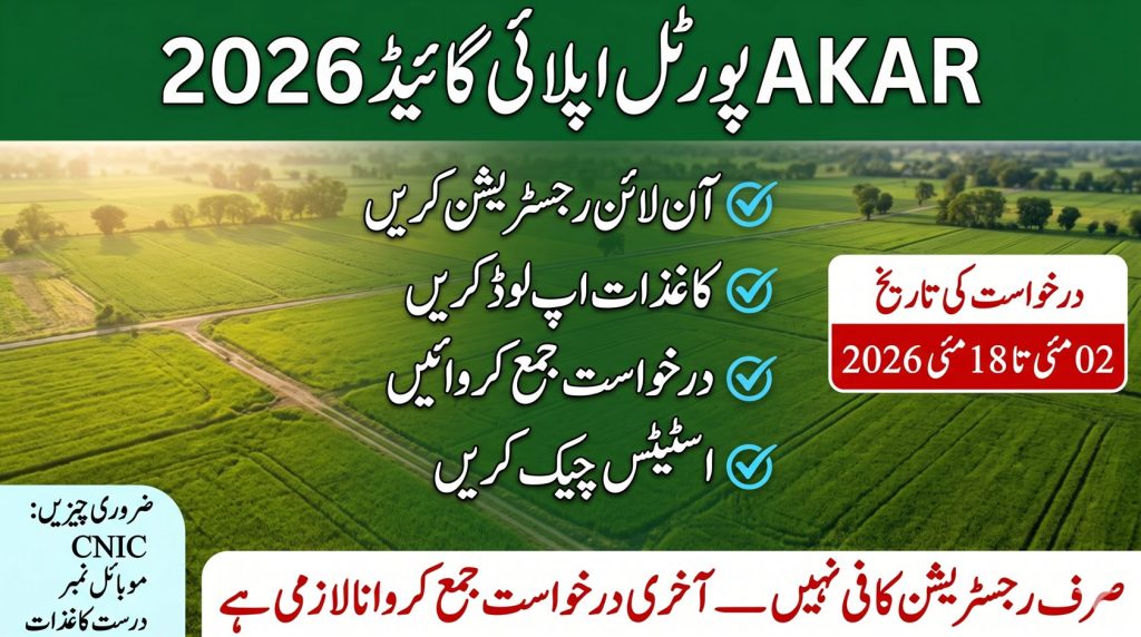 Urdu image explaining AKAR portal application process with deadline 18 May 2026 and steps to apply online.