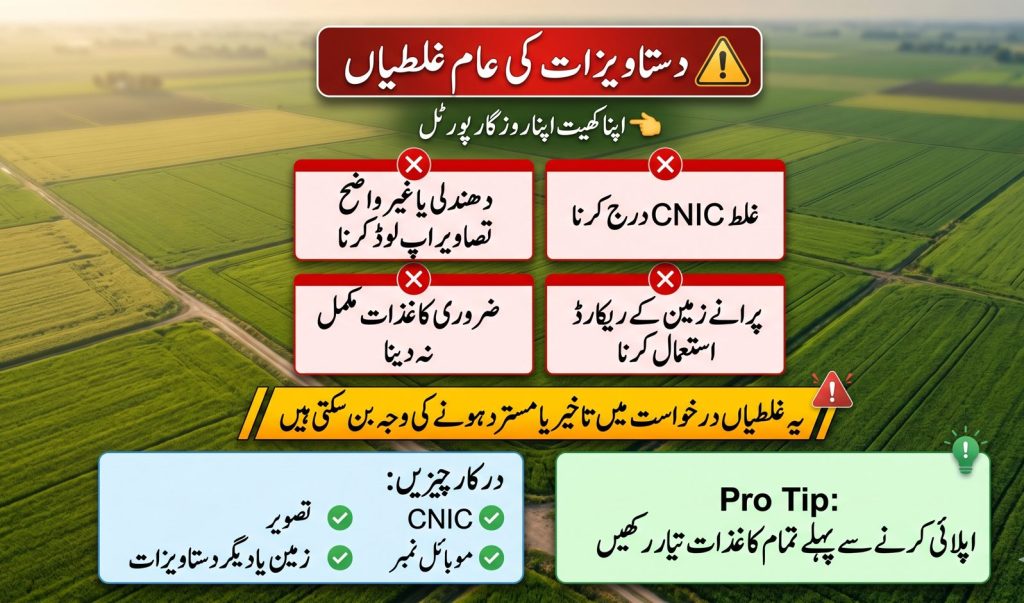 Urdu image showing common document mistakes for Apna Khet Apna Rozgar portal including blurry images wrong CNIC and missing documents.