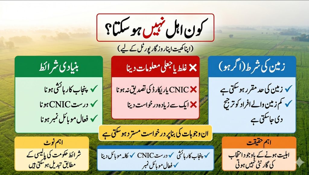 Urdu image showing who may not qualify for Apna Khet Apna Rozgar scheme including fake information CNIC verification issues and duplicate applications.