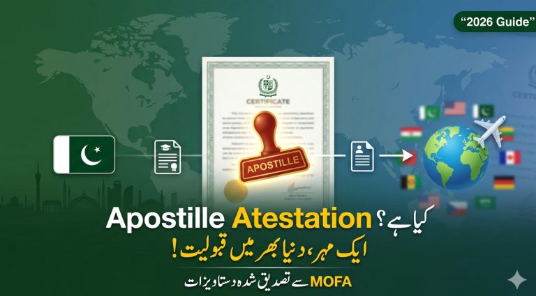 Featured image showing Apostille attestation process in Pakistan with MOFA verification stamp and global document acceptance concept.