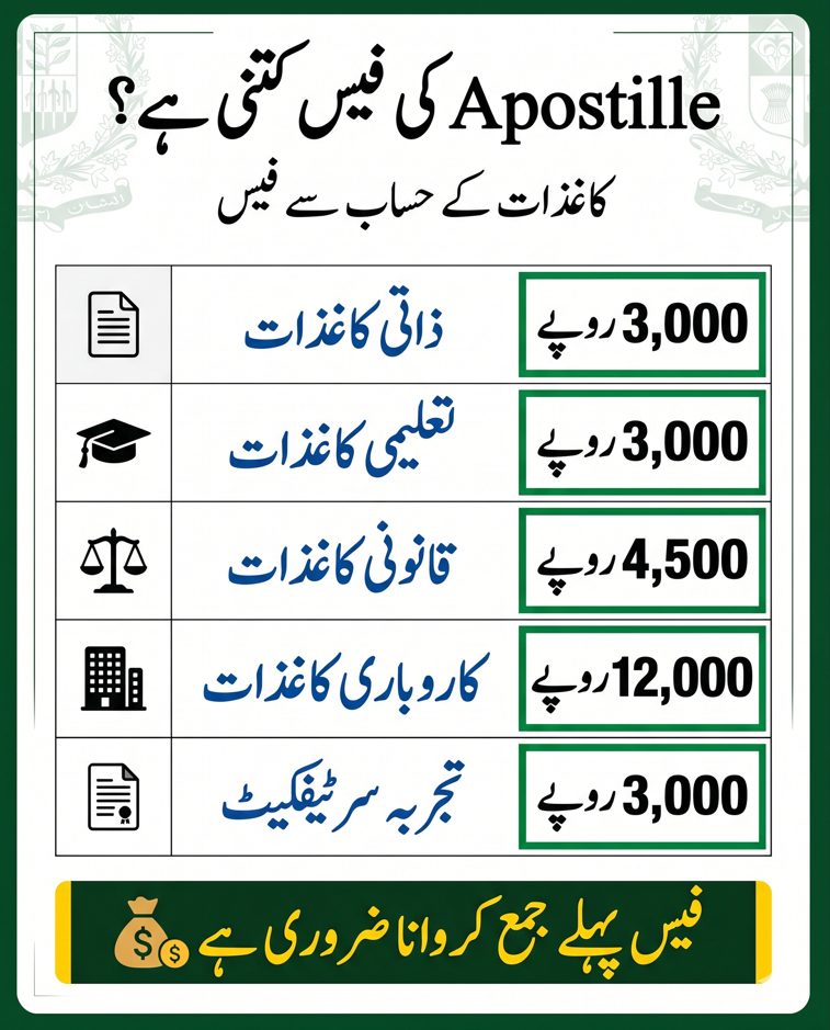 Urdu infographic showing Apostille fee structure in Pakistan with different document types and their fees in PKR.