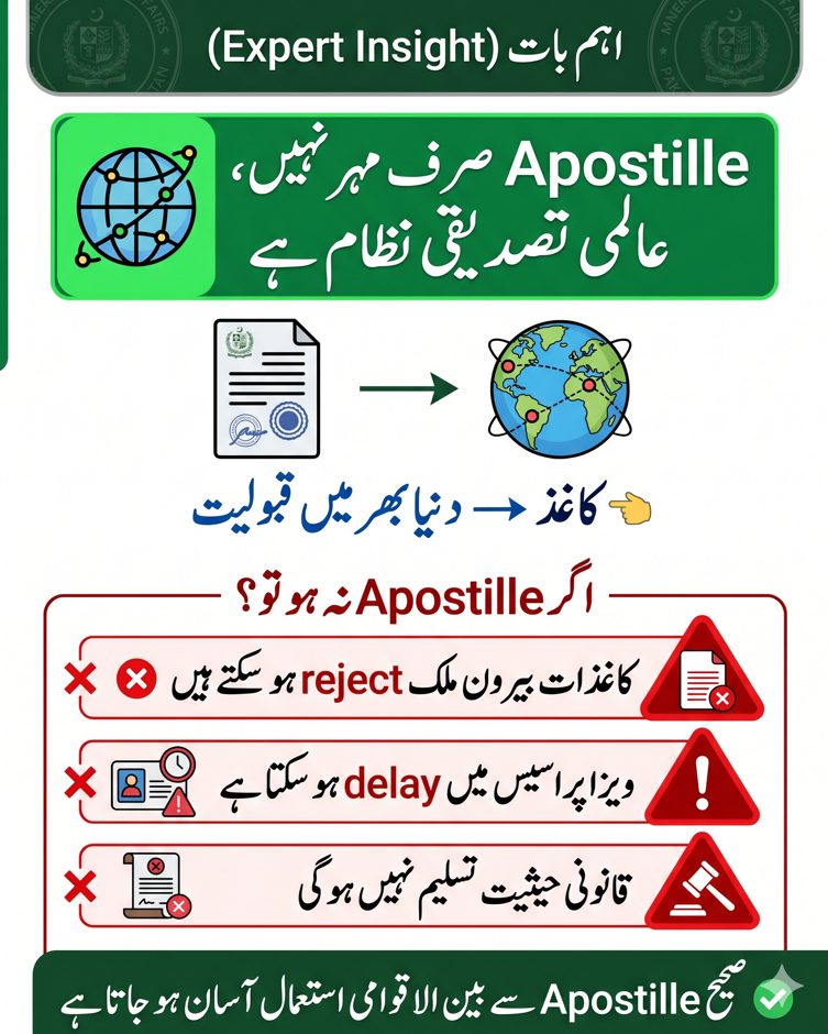 Urdu infographic showing Apostille importance as global document verification system and risks like rejection visa delay and legal issues without it.