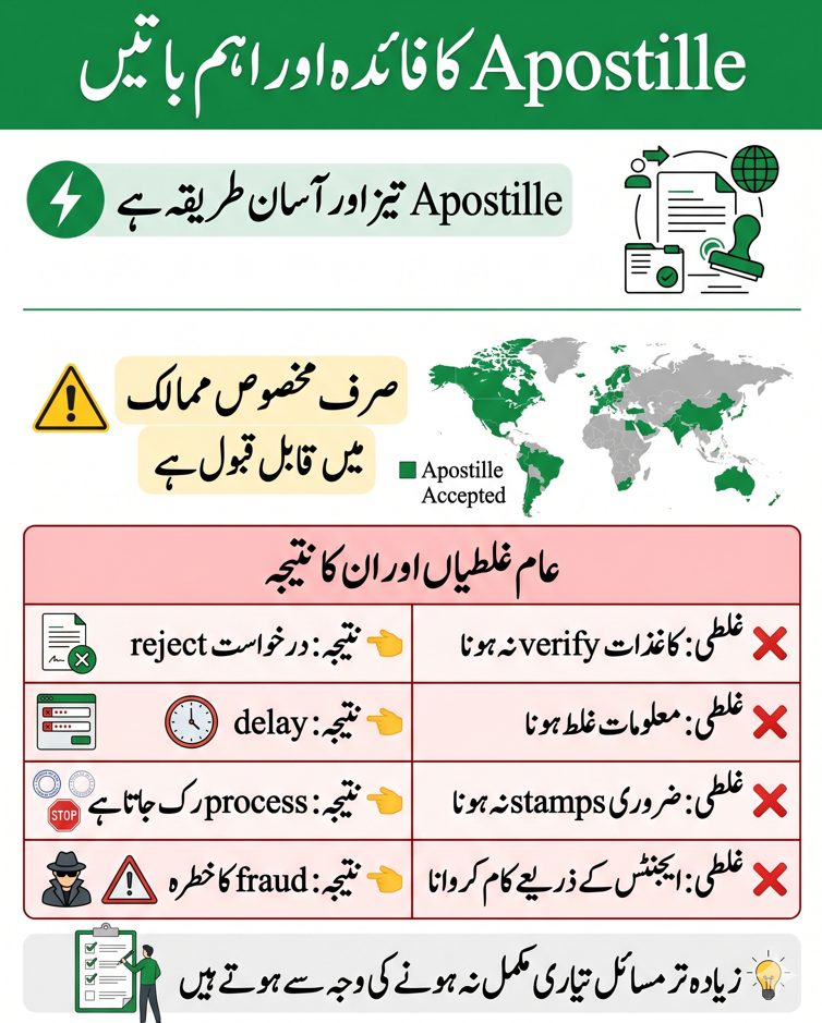 Urdu infographic showing Apostille benefits limitations and common mistakes with results like rejection delay process halt and fraud risk.