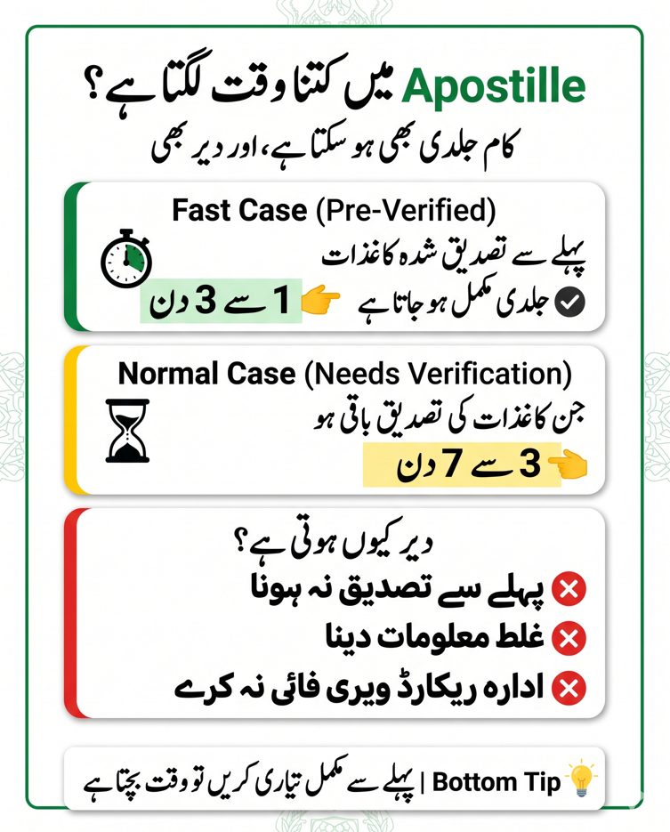 Urdu infographic showing Apostille processing time in Pakistan with 1 to 3 days for verified documents and 3 to 7 days with delay reasons.