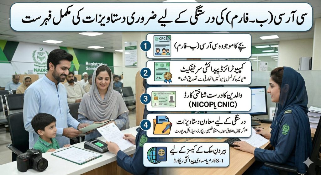 An Urdu infographic detailing the required documents for correcting a Child Registration Certificate (B-Form). Titled 'Complete list of required documents for correction of CRC (B-Form)', it uses numbered points with illustrated icons: 1) Child’s existing B-Form, 2) Computerized Birth Certificate, 3) Parent’s valid CNIC or NICOP, 4) Supporting documents (like educational/medical reports). A separate section covers overseas cases (S-1 form or equivalent birth record). Photos of a family at a NADRA service counter are visible in the background against a clean blue and white layout.