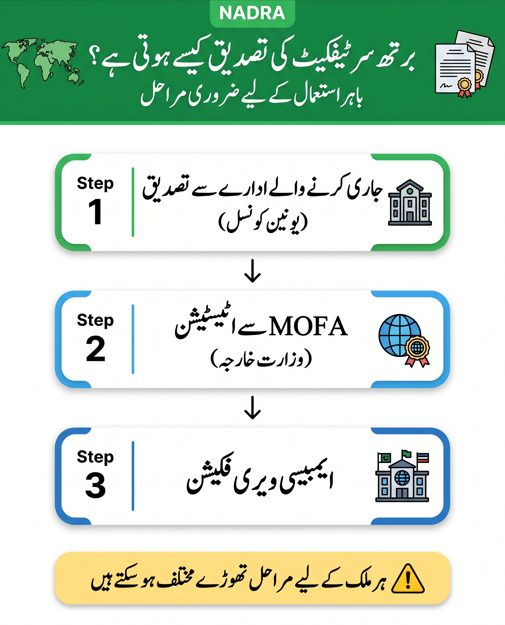 Urdu infographic showing birth certificate attestation and verification process in Pakistan including Union Council verification MOFA attestation and embassy verification.