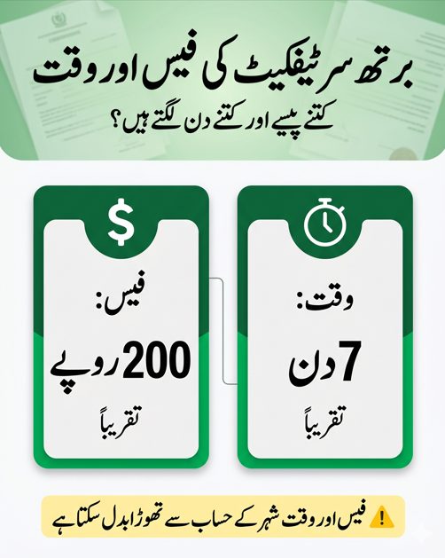 Urdu infographic showing birth certificate fee and processing time in Pakistan with cost around 200 rupees and time around 7 days.