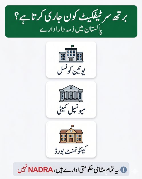 Urdu infographic showing who issues birth certificates in Pakistan including Union Council, Municipal Committee, and Cantonment Board not NADRA.