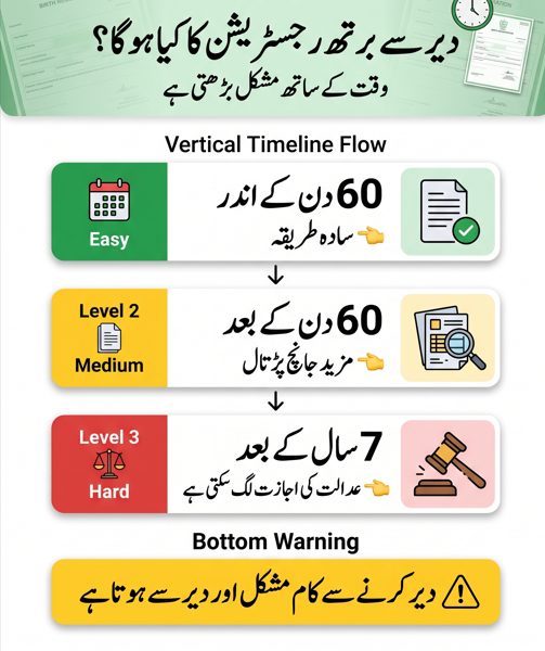 Urdu infographic showing late birth certificate registration timeline in Pakistan with 60 days normal process, after 60 days verification, and after 7 years court approval.
