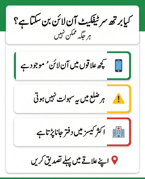 Urdu infographic explaining whether birth certificate can be applied online in Pakistan showing limited availability and need for office visit in many cases.