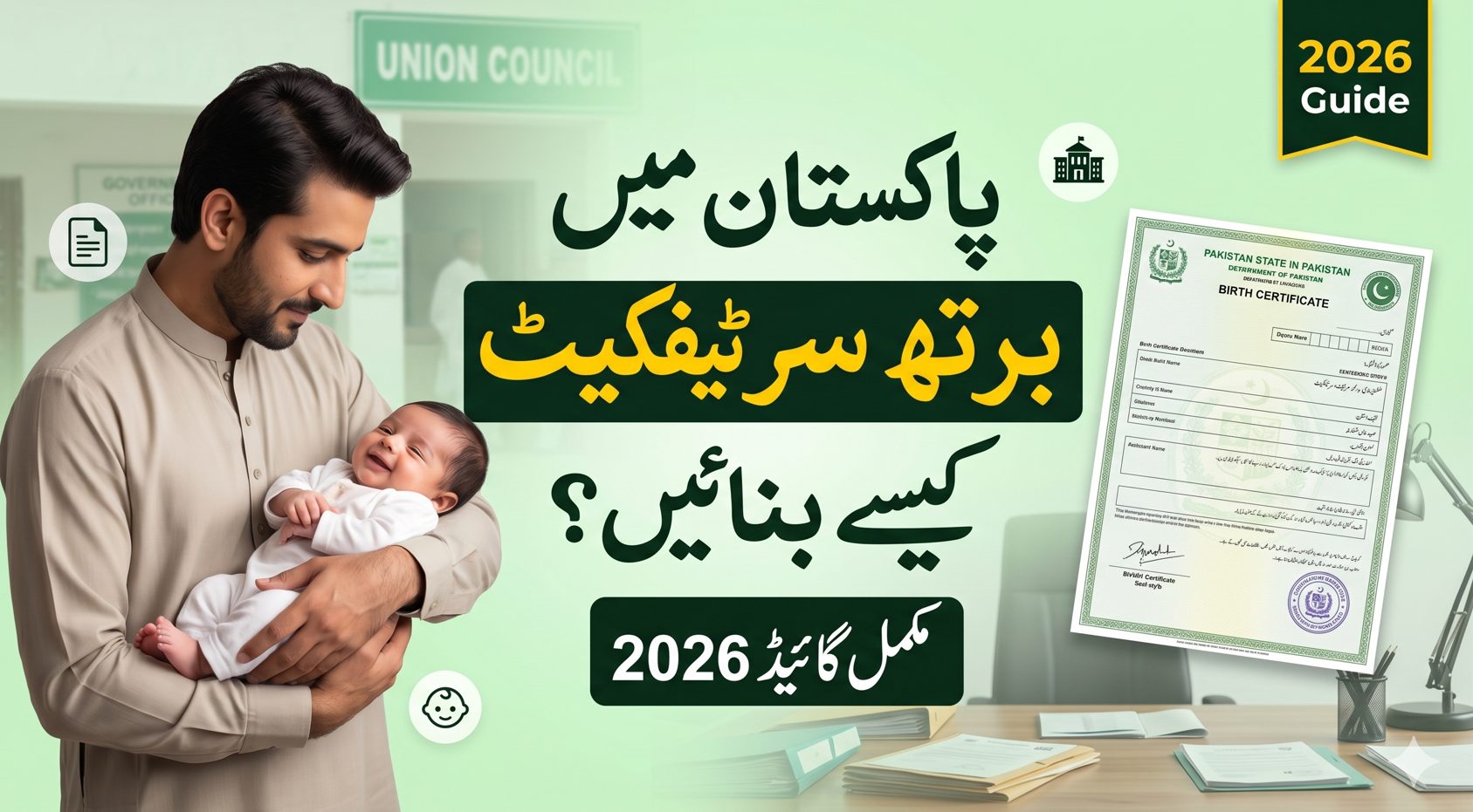 Featured image showing how to apply for a birth certificate in Pakistan with parent and child, Union Council process, and official document guide.