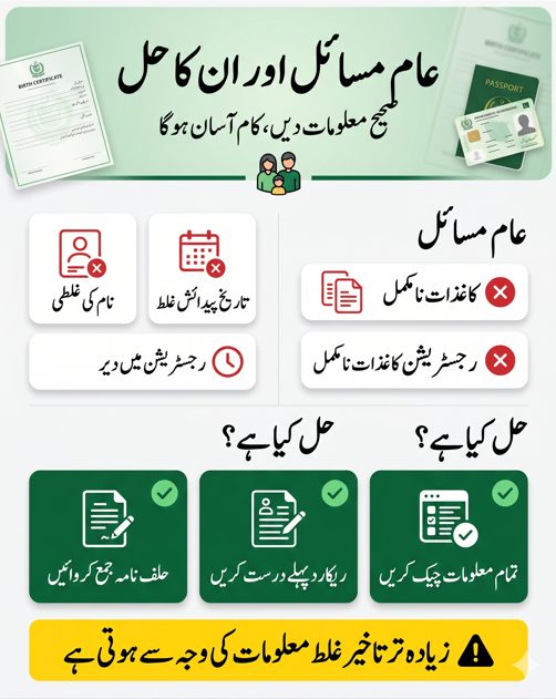 Urdu infographic showing common problems in birth certificate like wrong name, missing documents and solutions like affidavit and correcting records.