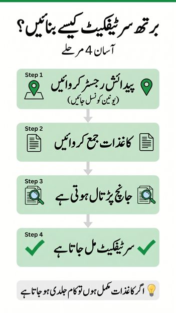 Urdu infographic showing easy step by step process to make birth certificate in Pakistan including registration, documents, verification and issuance.
