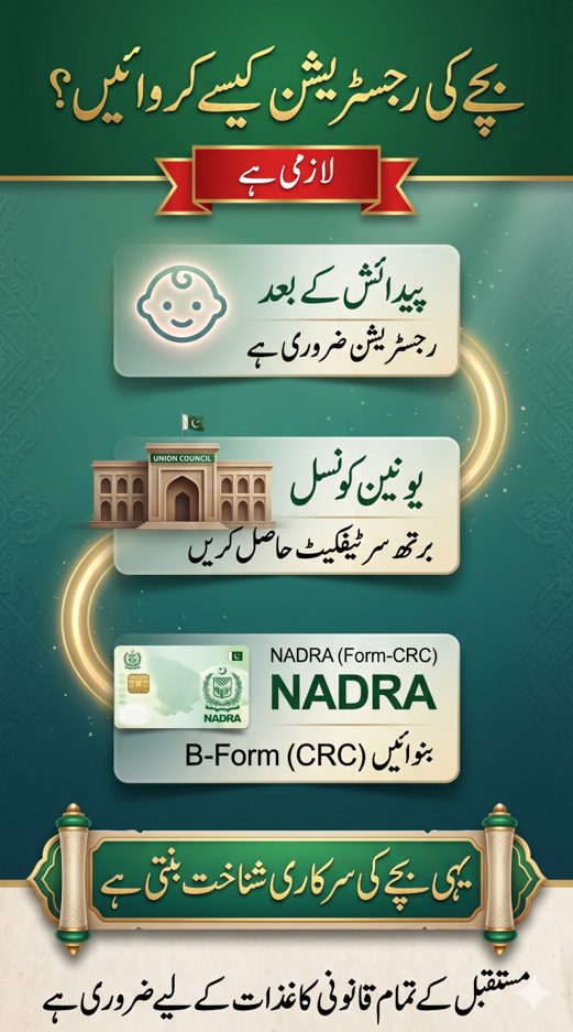 Urdu image showing child registration process in Pakistan from union council birth certificate to NADRA B Form and its importance.