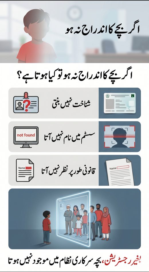 Urdu infographic explaining what happens if a child is not registered in NADRA Pakistan, including lack of identity, no system record, and legal invisibility