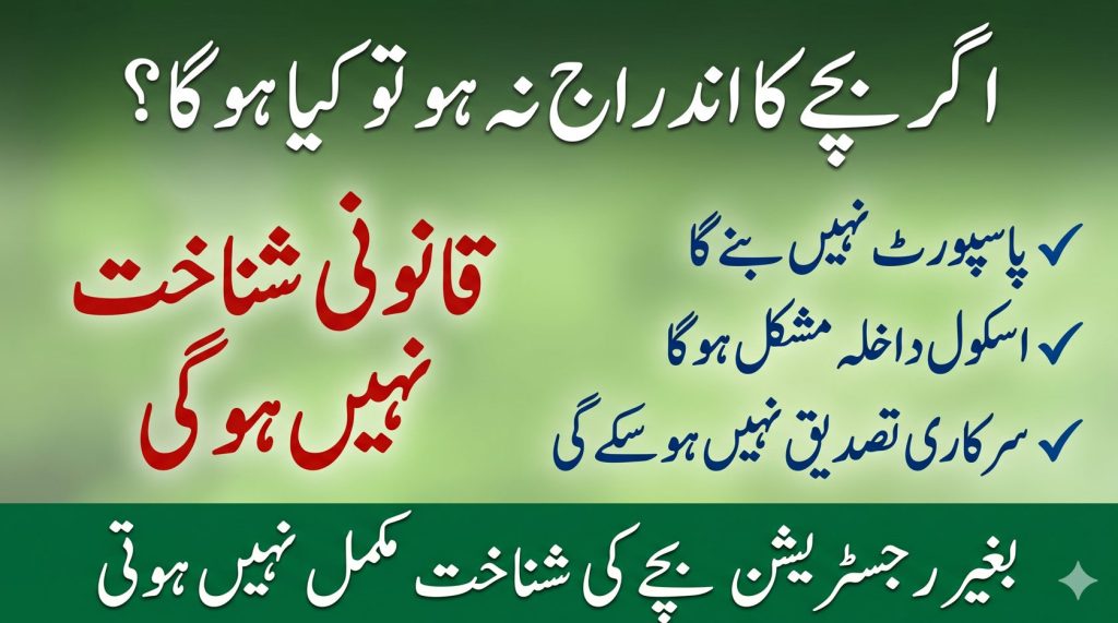 Urdu image showing child registration process in Pakistan from birth certificate to NADRA B Form CRC.