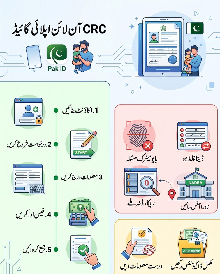 Urdu infographic explaining complete CRC online application process, requirements, and conditions in Pakistan.