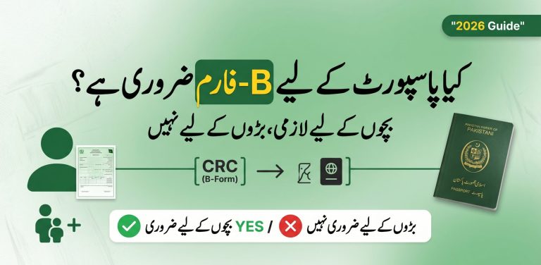 Featured image explaining whether CRC B Form is mandatory for passport in Pakistan showing child requirement and adult exception.