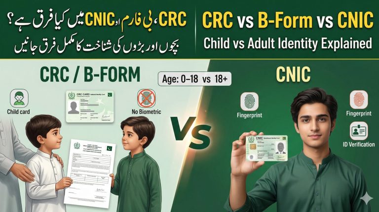 Featured image showing CRC B-Form vs CNIC comparison in Pakistan with child and adult identity differences under NADRA system.