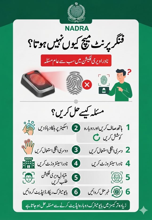 Urdu infographic showing solutions for NADRA fingerprint mismatch including retry, alternate fingers, NADRA visit, and biometric update in Pakistan.
