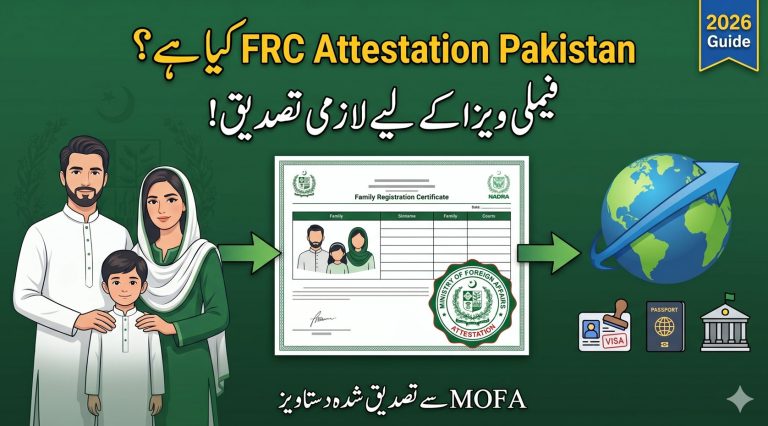 Featured image showing FRC attestation in Pakistan with NADRA family certificate MOFA stamp and international visa use concept.