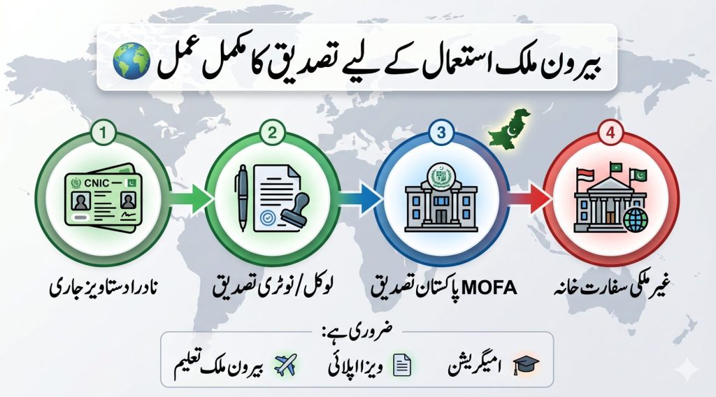 Urdu infographic showing MOFA attestation process for NADRA documents including notary verification and embassy attestation for international use