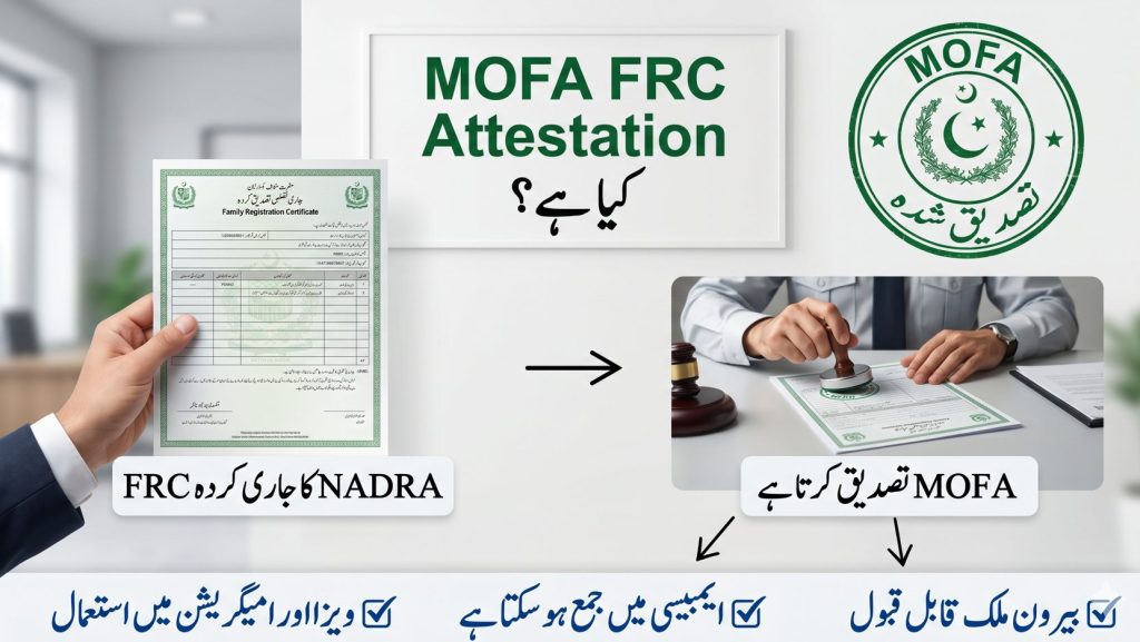 Urdu image showing MOFA FRC attestation in Pakistan with document verification stamp and international acceptance for visa and embassy use.